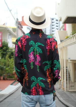 画像2: 【Ryukyu Pride Wear】Open Collar Long Sleeve Shirt -サガリバナ- (Black)